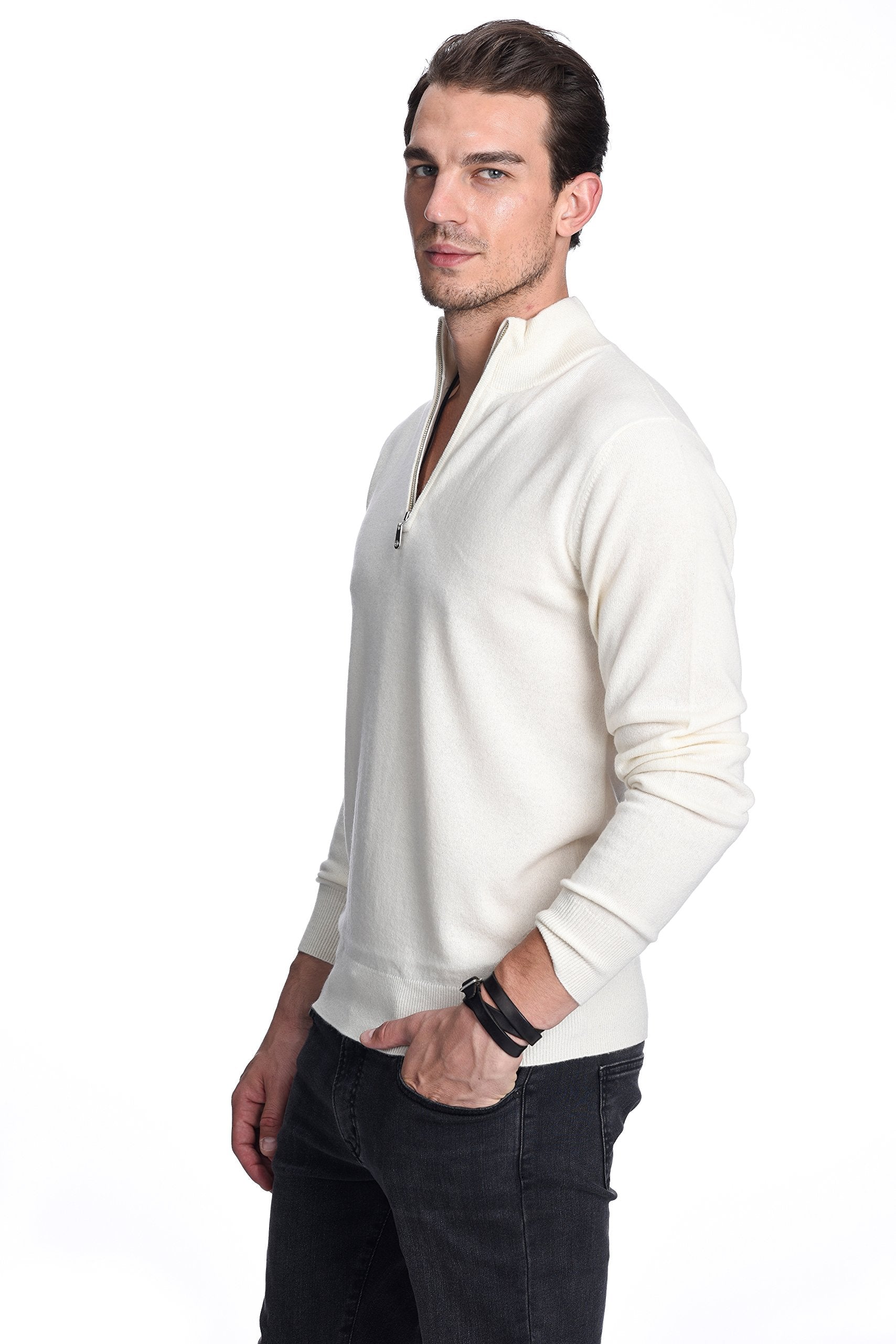 State Cashmere Men's Half Zip Mock Neck Sweater 100% Pure Cashmere Polo Neck Pullover (Undyed White, Medium)