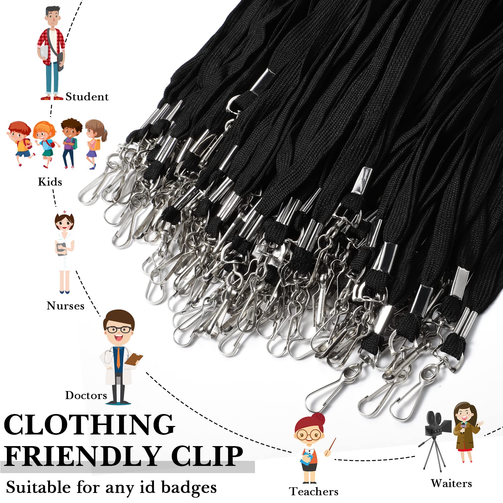 Epakh 200 Pcs Lanyards for ID Name Badge Holder Neck Lanyard Flat with Clips Neck Straps for Office School Nurse(Black,Cotton)