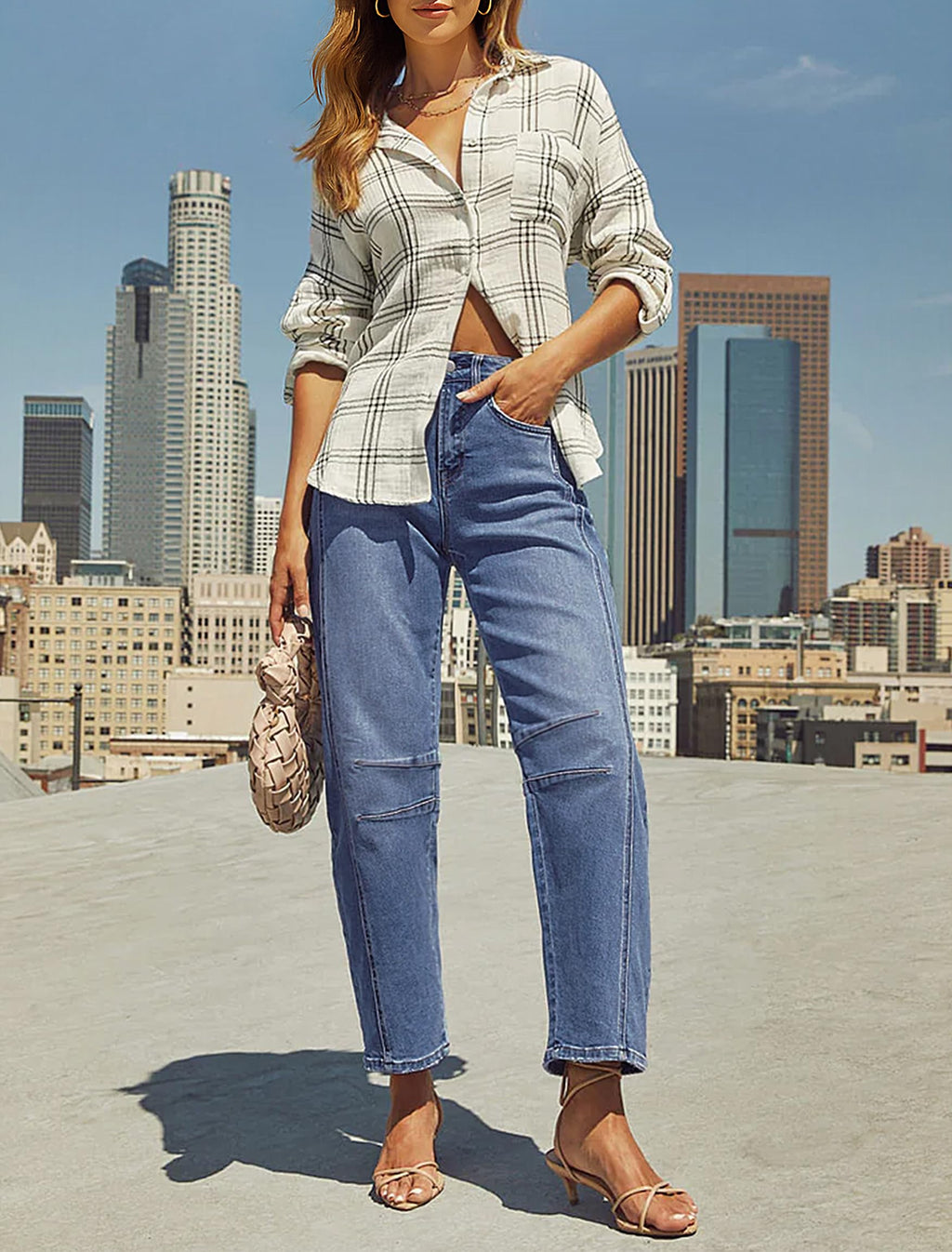 IWD Baggy Barrel Jeans for Women Trendy Vintage High Waisted Wide Leg Boyfriend Y2K Denim Ankle Pants with Pockets Medium Blue Small