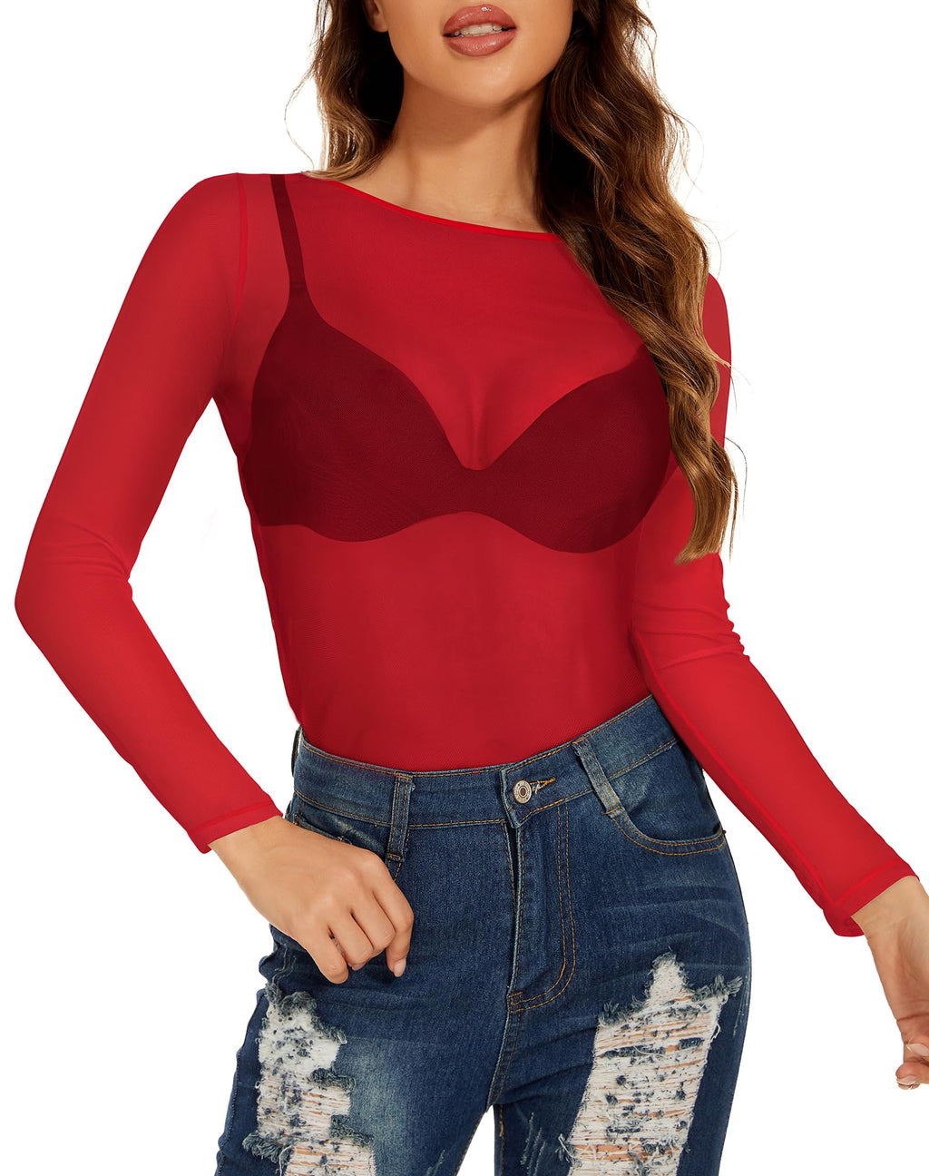 ZNVGIRL Women's Sheer Long Sleeve Top Mesh Slim Fit Tees See Through Blouse O Neck Clubwear(Bright Red,M)