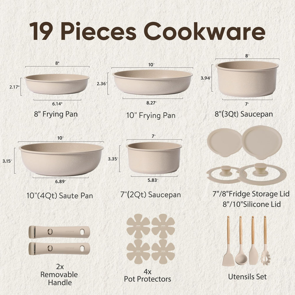 CAROTE 19pcs Pots and Pans Set Non Stick, Nonstick Cookware Set Detachable Handle, Induction Kitchen Cooking Sets with Removable Handle, RV Kitchen, Oven Safe, Taupe