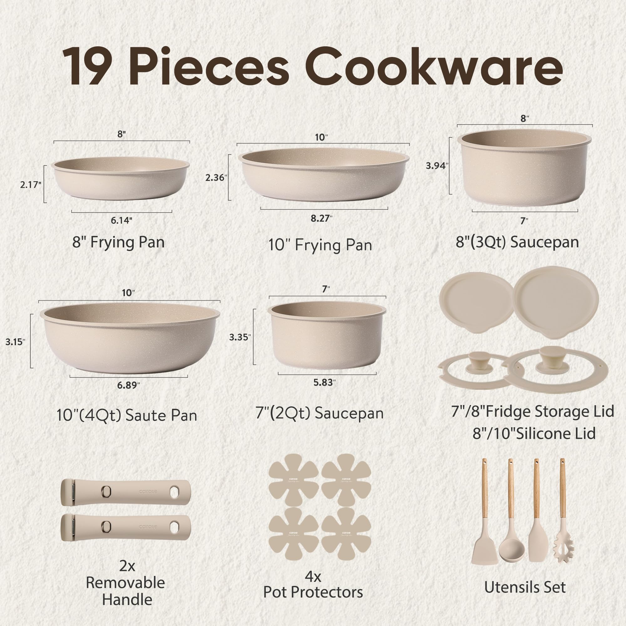 CAROTE 19pcs Pots and Pans Set Non Stick, Nonstick Cookware Set Detachable Handle, Induction Kitchen Cooking Sets with Removable Handle, RV Kitchen, Oven Safe, Taupe