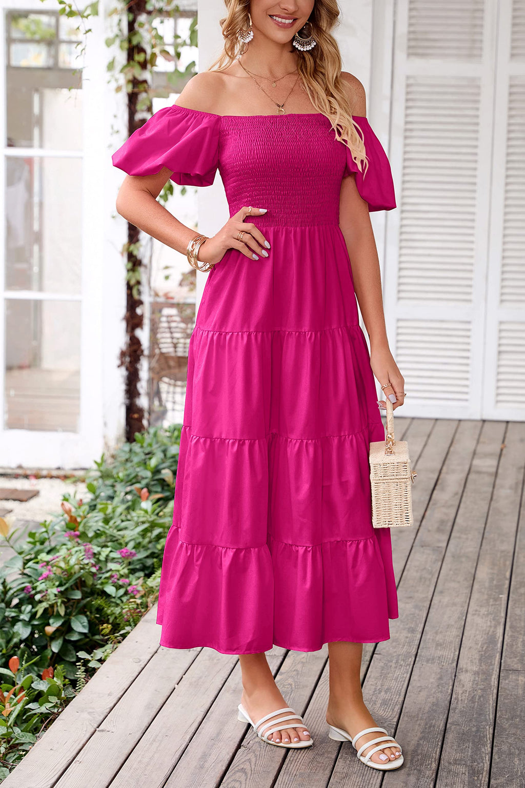 PRETTYGARDEN Women's Casual Summer Midi Dress Puffy Short Sleeve Square Neck Smocked Tiered Ruffle Dresses, Lightweight (Dark Rose Red,Small)