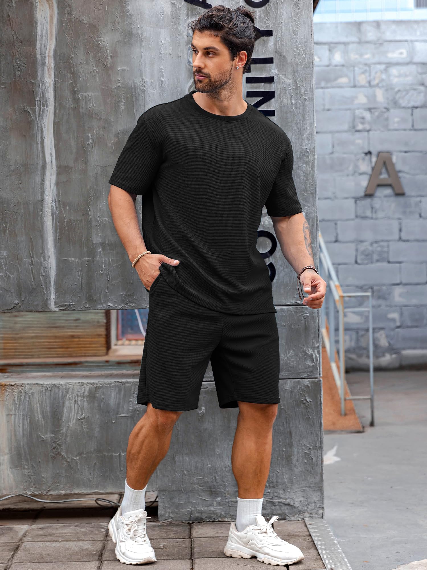 Babioboa Men's Casual set Tee TShirt Suit 2 pockets two piece outfit Homewear Summer oversize Tracksuit for men(Black,S)
