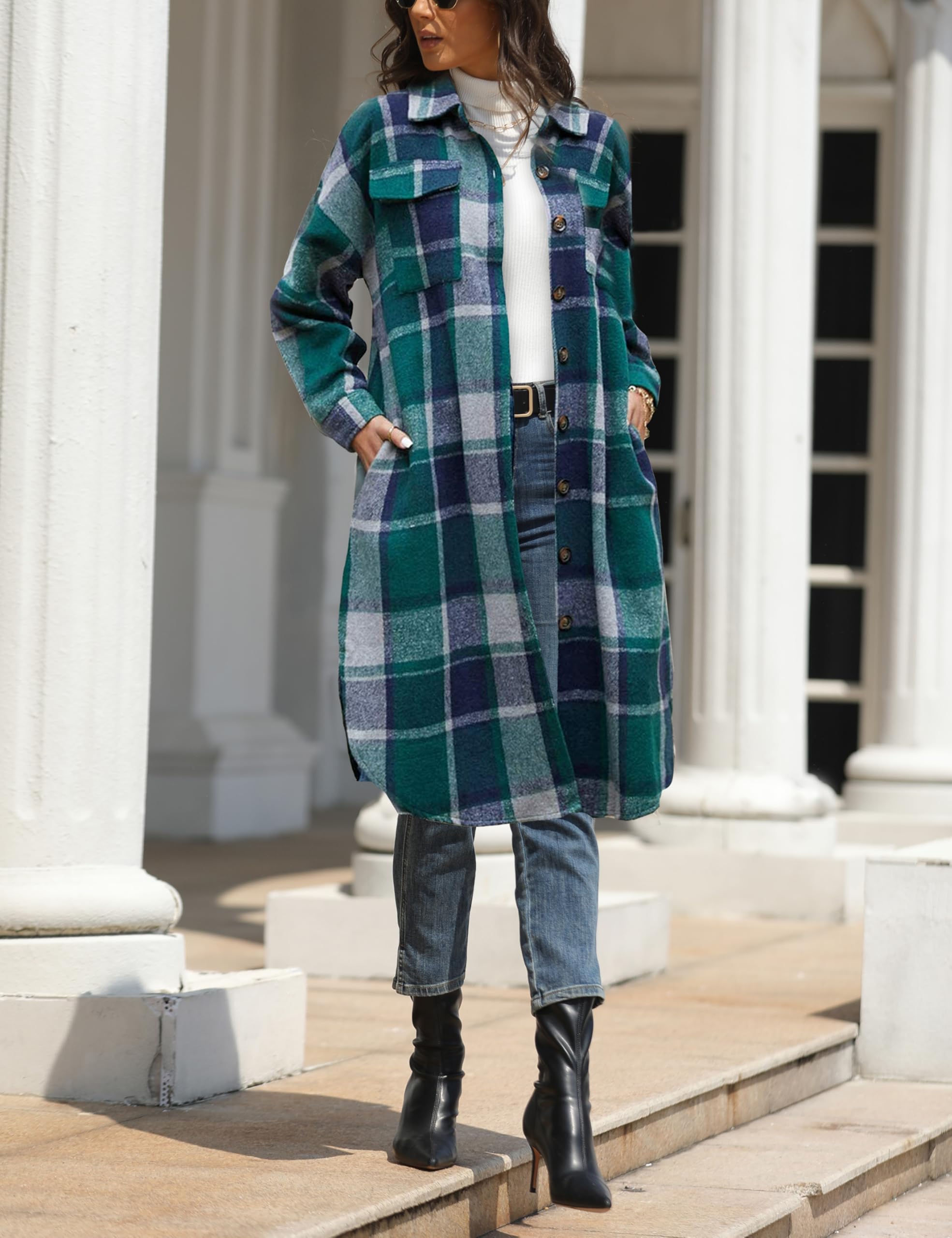 Himosyber Women's Casual Plaid Lapel Woolen Button Up Pocketed Long Shacket Coat(Green-XXL)