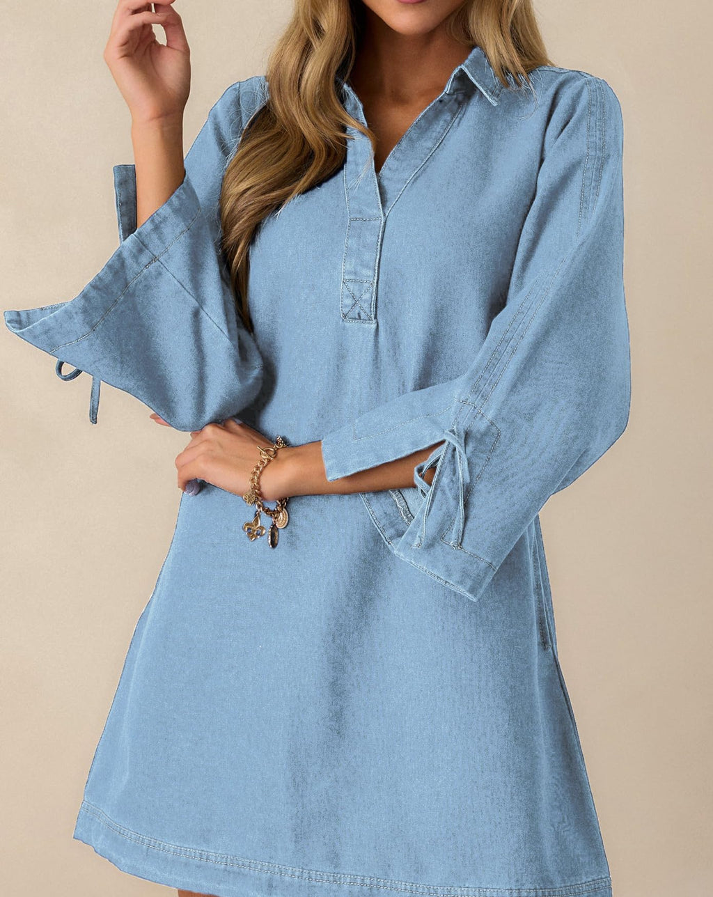 Womens Denim Shirt Dress Collared V Neck Bell Long Sleeve Mini Casual A-line Jean Dresses with Bow Light Blue