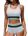 Dipinon Women's High Waisted Bikini Sets Two Piece Swimsuit Color Block Sporty Athletic Scoop Neck Bathing Suits (Green Stripes,M)