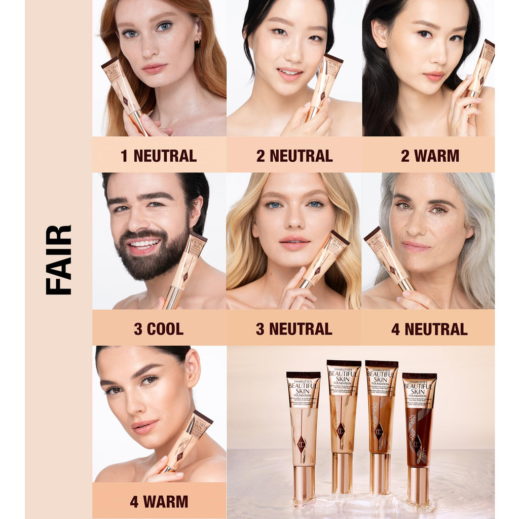 Charlotte Tilbury Beautiful Skin Medium Coverage Hydrating Foundation - Buildable Liquid Makeup for Instant Glow, Plumping Hydration & Lasting Skincare Benefits - 1 Neutral