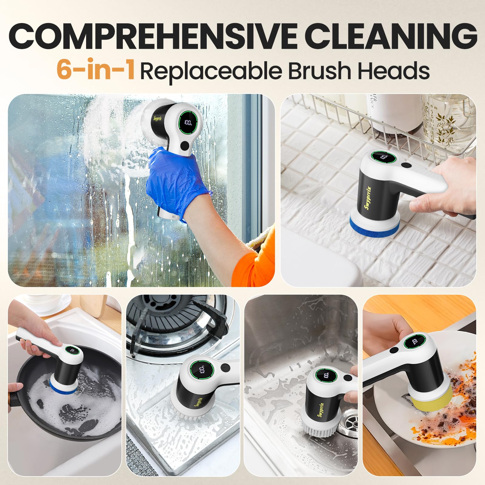 Swyprrix Electric Bathroom Cleaning Brush, Cordless Spin Scrubber Full Body Waterproof IPX7 with 6 Replaceable Brush Heads for Bathtub/Kitchen/Window/Home Cleaning -SD-CTB02