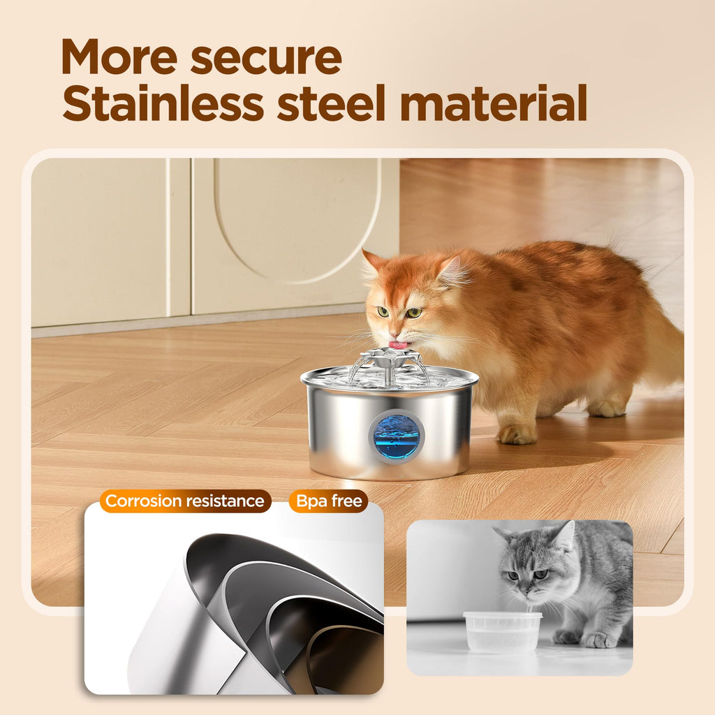 Cat Water Fountain Stainless Steel: 88oz/2.6L Pet Drinking Fountains with 6 Filters Water Bowl for Cats Inside with Flower Kitty Spout Dog Dispenser Animal Watering Supplies - Water Level Window