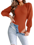MASCOMODA Long Puff Sleeve Sweaters for Women 2026 Spring Winter Crewneck Knit Ribbed Bodysuit Pullover Tops (Rust Red, Medium)