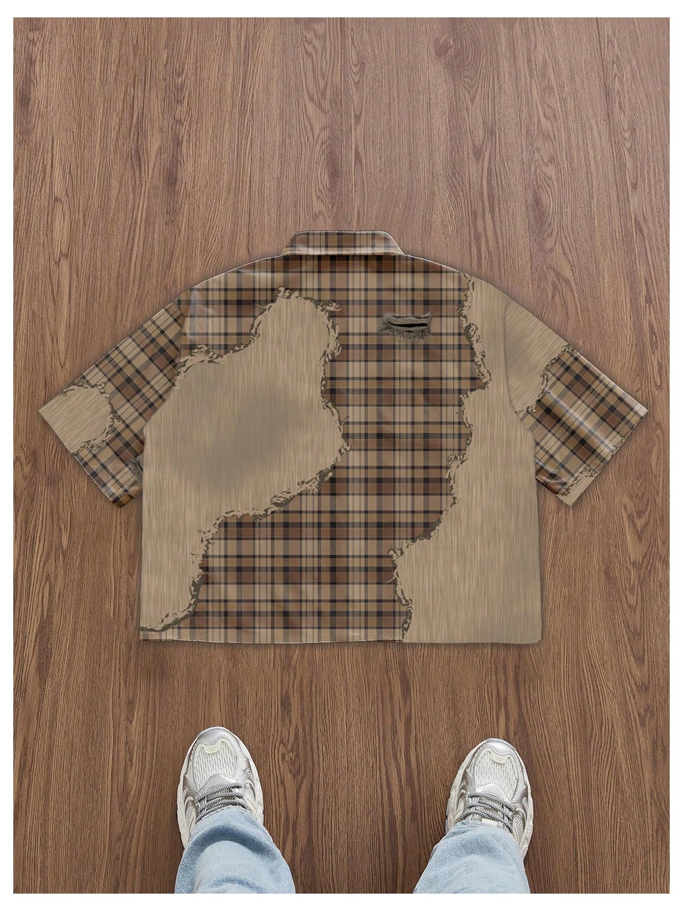 VIPWOLF Men's Cropped Shirts Gingham Plaid Button Up Oversized Colorblock Short Sleeve Crop Tees Streetwear Brown Plaid Large