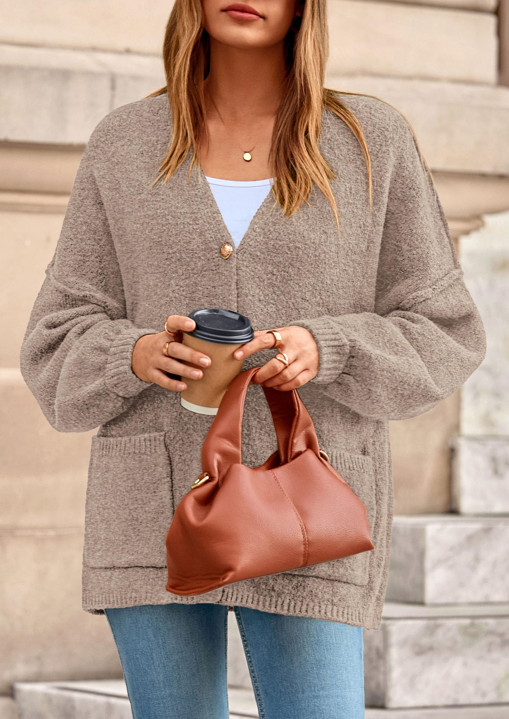 PRETTYGARDEN Fall Chunky Cardigan Sweaters for Women 2026 Button Long Lantern Sleeve Knit Oversized Coats with Pockets(Light Khaki,Medium)