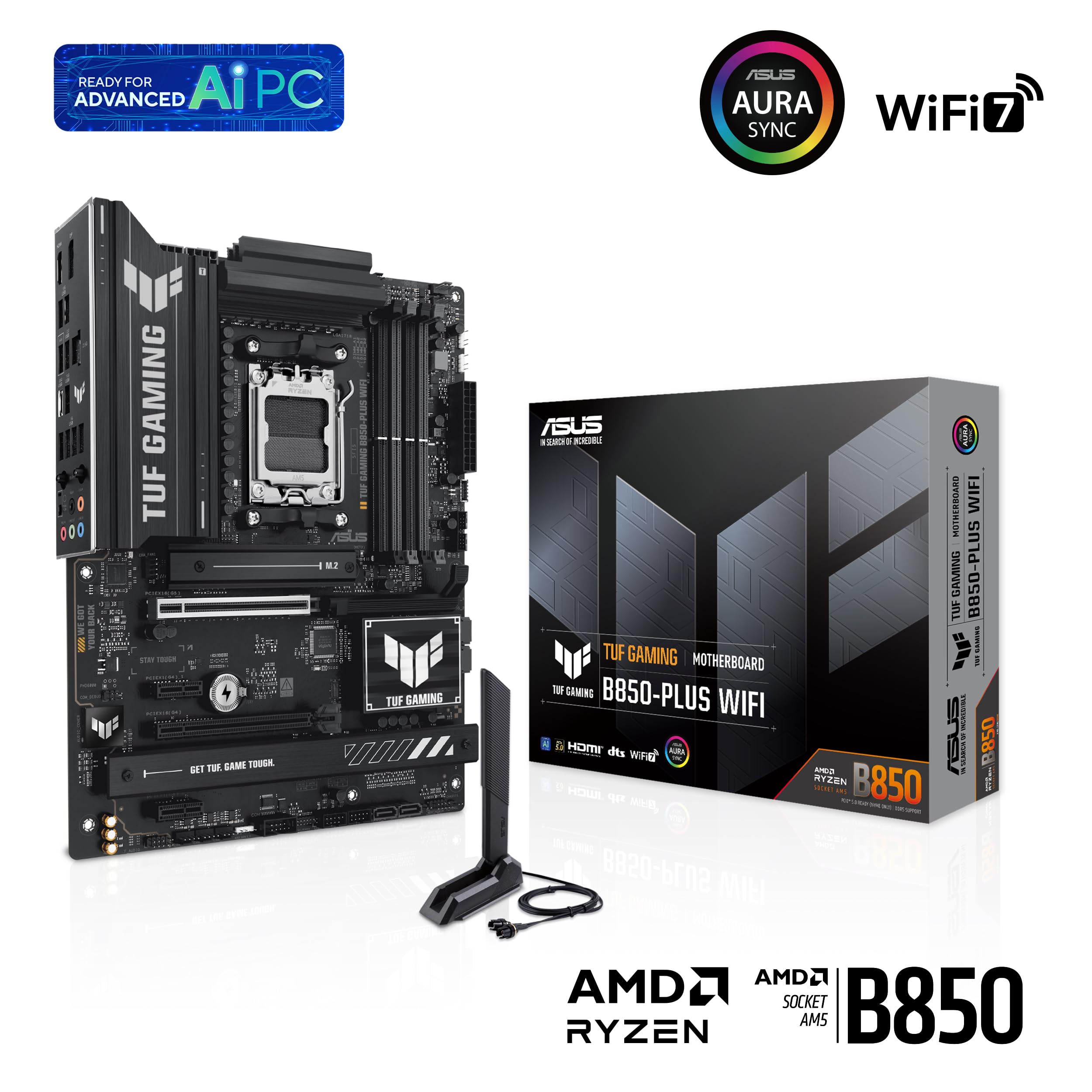 ASUS TUF Gaming B850-PLUS WiFi AMD AM5 B850 ATX Motherboard, 14+2+1 80A Stages, AI Ready, DDR5, PCIe 5.0, 3X M.2, Wi-Fi 7, 2.5Gb LAN, DisplayPort, HDMI™, USB 10Gbps & 20Gbps Type-C®, BIOS Flashback™
