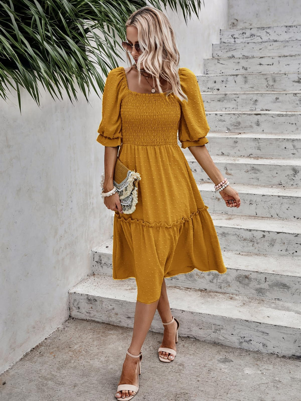 PRETTYGARDEN Women's Summer Casual Midi Dresses 2026 Spring Puff Sleeve Square Neck Smocked A Line Flowy Swiss Dot Beach Vacation Dress (Turmeric,L)