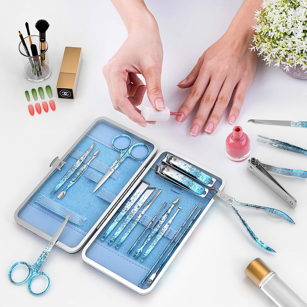 OFIDUS Nail Clippers Set, Finger and Toenail Clippers, Professional Manicure and Pedicure Set, 18 Pieces, Nail Care Tools with Luxury Travel Case (Diamond Blue)