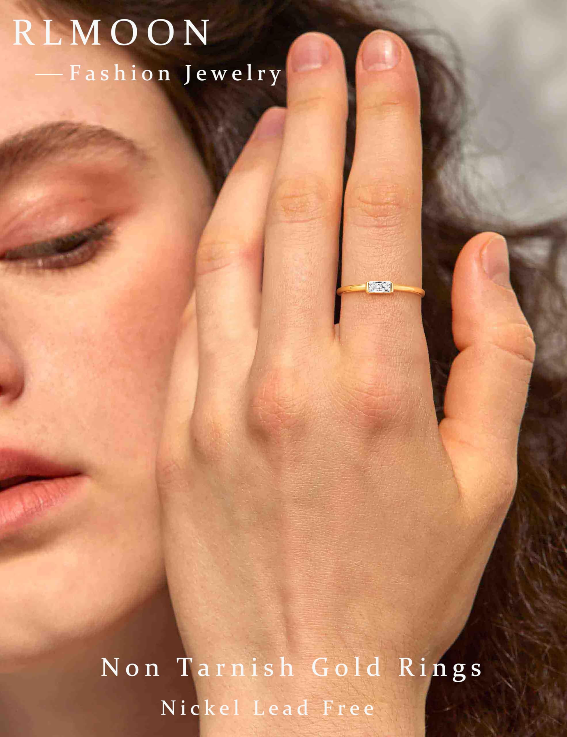 RLMOON Gold Birthstone Rings for Women Non Tarnish Gold Stackable Ring Dainty 14K Gold Plated Baguette Cubic Zirconia Ring Personalized Jewelry Gift for Birthday Size 7