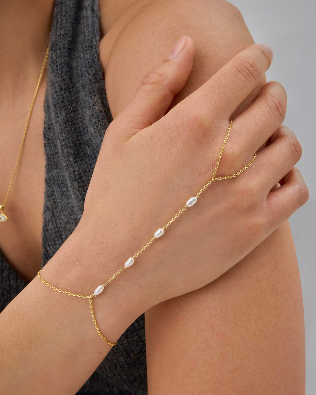 PAVOI 14K Yellow Gold Plated Freshwater Pearl Gold Hand Chain Bracelet for Women - Trendy Ring Bracelet Hand Chain Body Jewelry