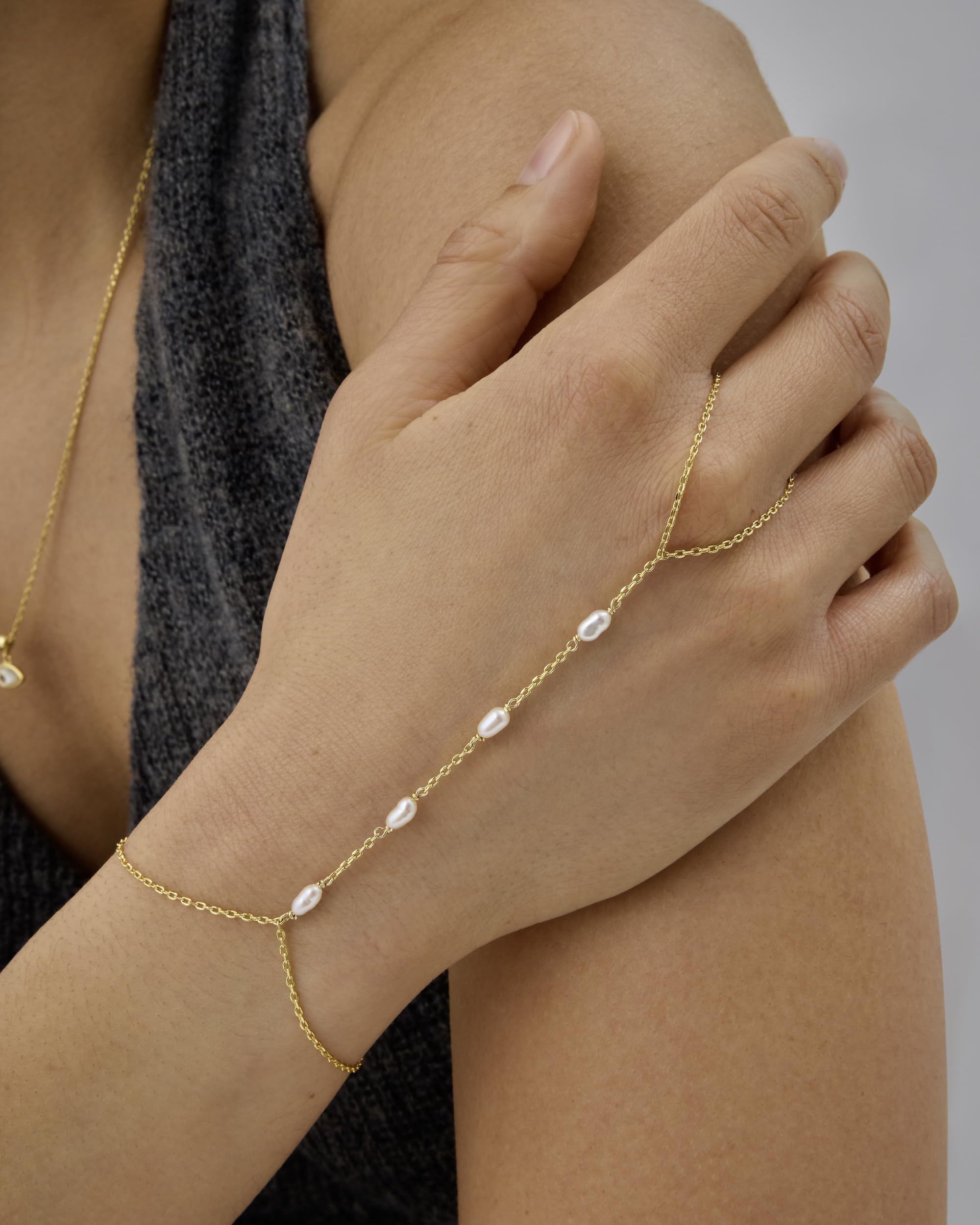 PAVOI 14K Yellow Gold Plated Freshwater Pearl Gold Hand Chain Bracelet for Women - Trendy Ring Bracelet Hand Chain Body Jewelry