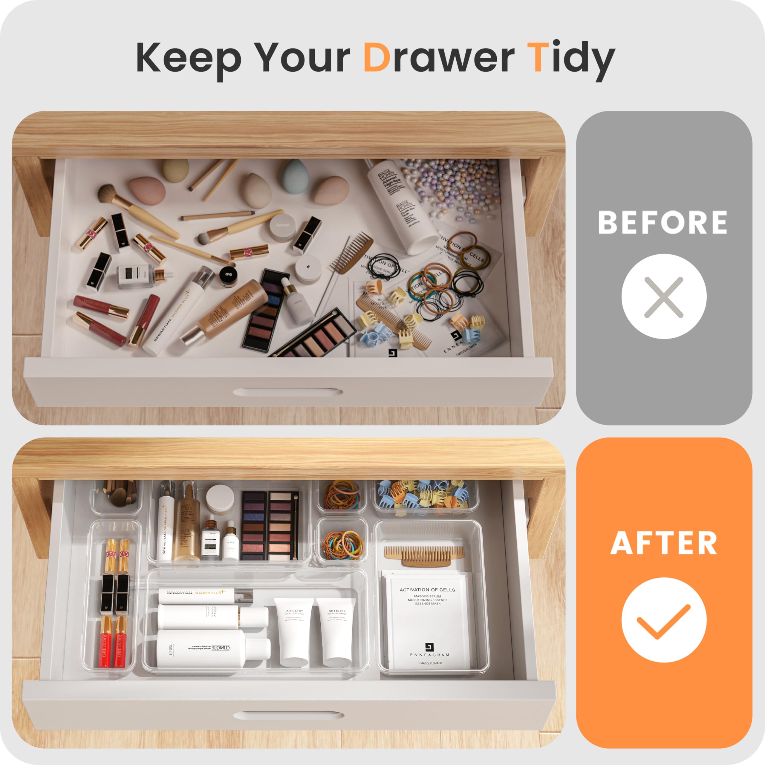 A-LuGei 【Military Grade】 Drawer Organizer, 【𝟱𝗦𝗶𝘇𝗲】 Makeup organizer, 【Holds 177 Items】 Bathroom Organizers and Storage, Organization and Storage, Desk Drawer Organizer for Bathroom Vanity