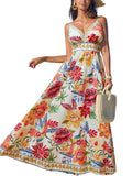 CUPSHE Women's Summer Dresses Casual Spring V Neck Sleeveless Floral Beach Vacation Long Spaghetti Strap Flowy Maxi Wedding Guest Dress Red Floral, M