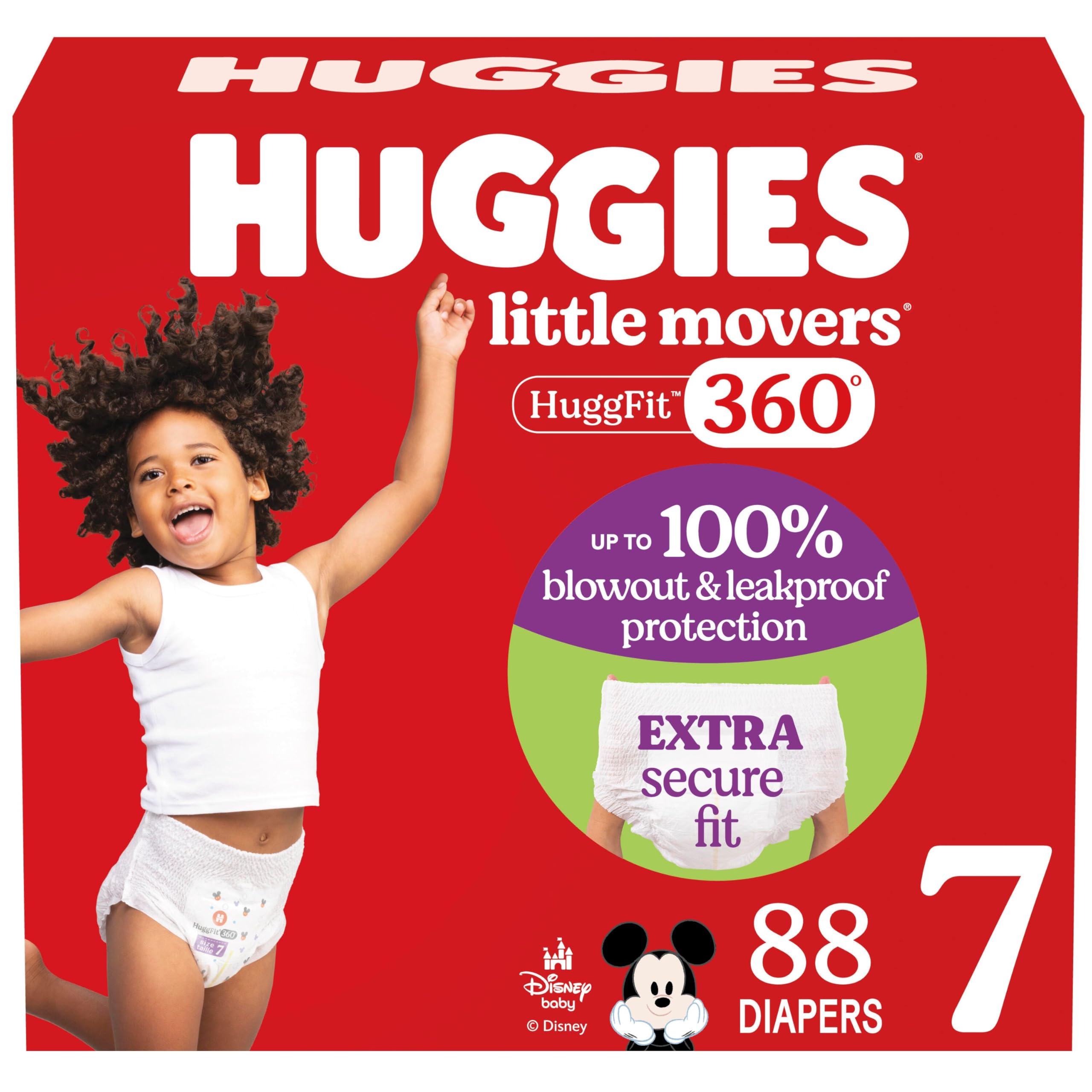 Huggies Size 7 Baby Diapers, Little Movers HuggFit 360° Baby Diapers with 360° Waistband, Size 7 (41+ lbs), 88 Count (2 Packs of 44), Packaging May Vary