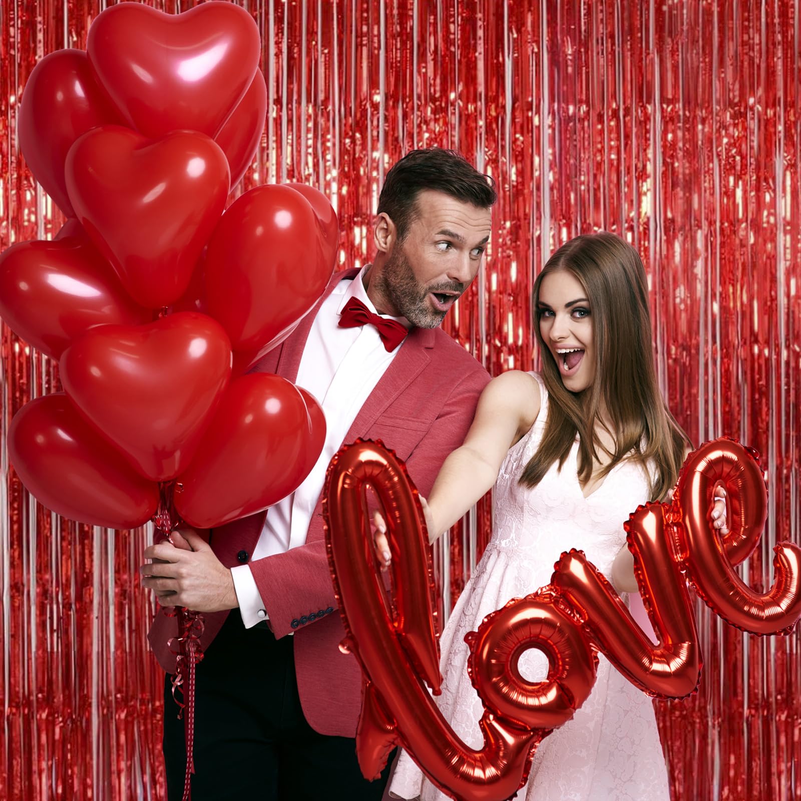 Valentines Day Decorations, Red Foil Fringe Curtain, Melsan 3.2 x 8 ft Metallic Tinsel Curtains Streamer Backdrop for Birthday, Anniversary, Valentine's Day Party Decor - Pack of 2
