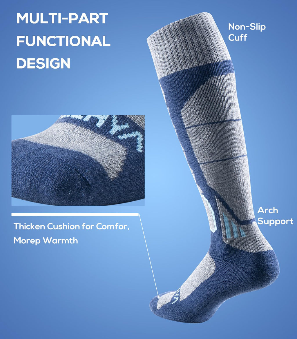 WEIERYA Ski Sock Merino Wool Ski Socks Mens Womens Skiing & Snowboarding Socks, Over The Calf (US, Alpha, Large, Regular, Regular, 2, Blue)