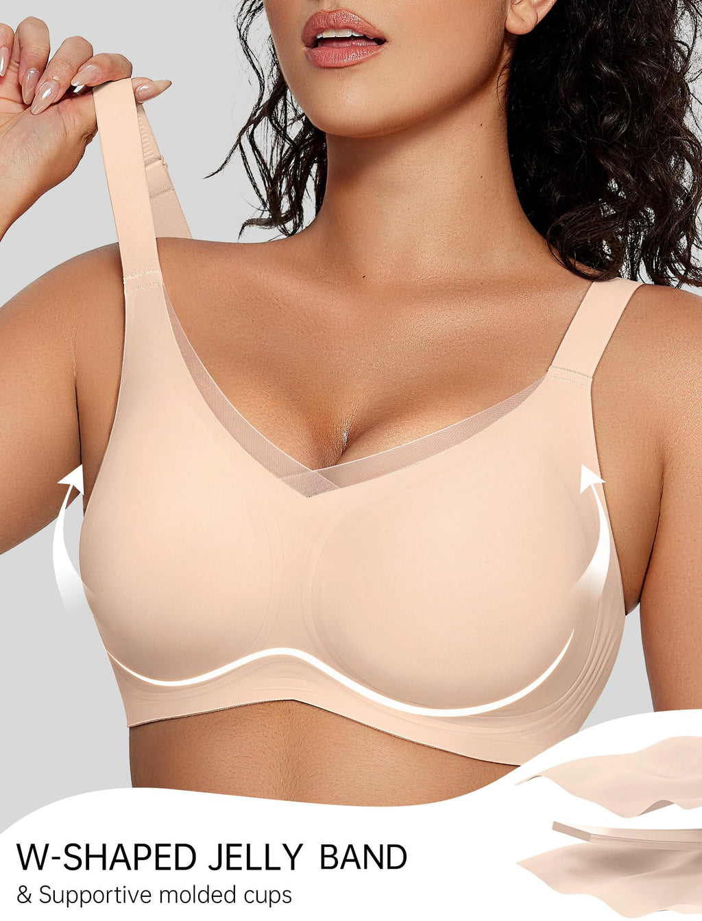 OEAK Womens Wireless Jelly Bras V Mesh Comfortable Bralette Supportive Tshirt Bra No Underwire Seamless Push Up Everyday Bras Nude L
