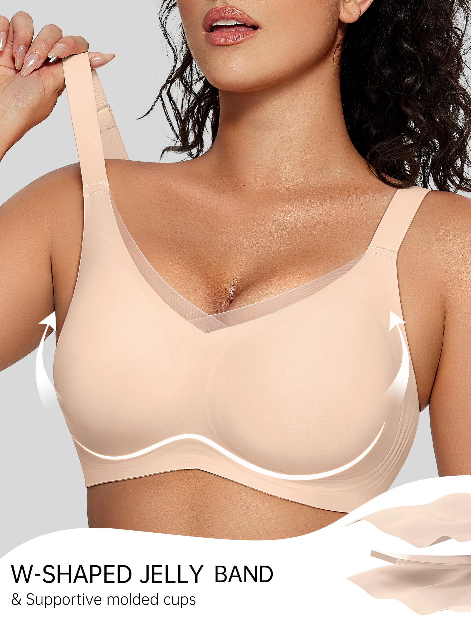 OEAK Womens Wireless Jelly Bras V Mesh Comfortable Bralette Supportive Tshirt Bra No Underwire Seamless Push Up Everyday Bras Nude L