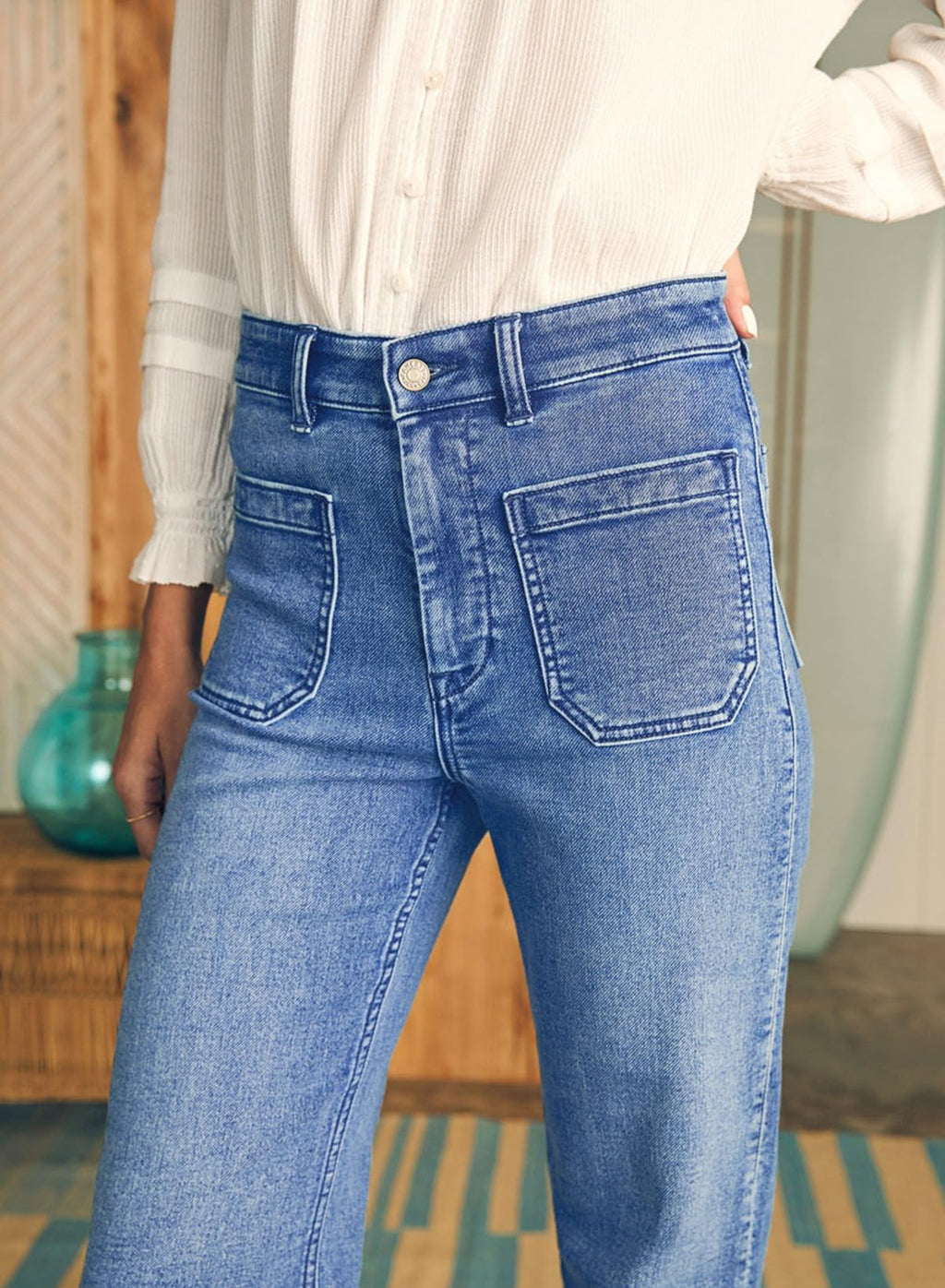 Astylish Women's Patch Pocket Jean Pants High Waist Button Bootcut Trousers Wide Leg Stretchy Vintage Denim Jeans with Front Pockets Size 6 Ashleigh Blue