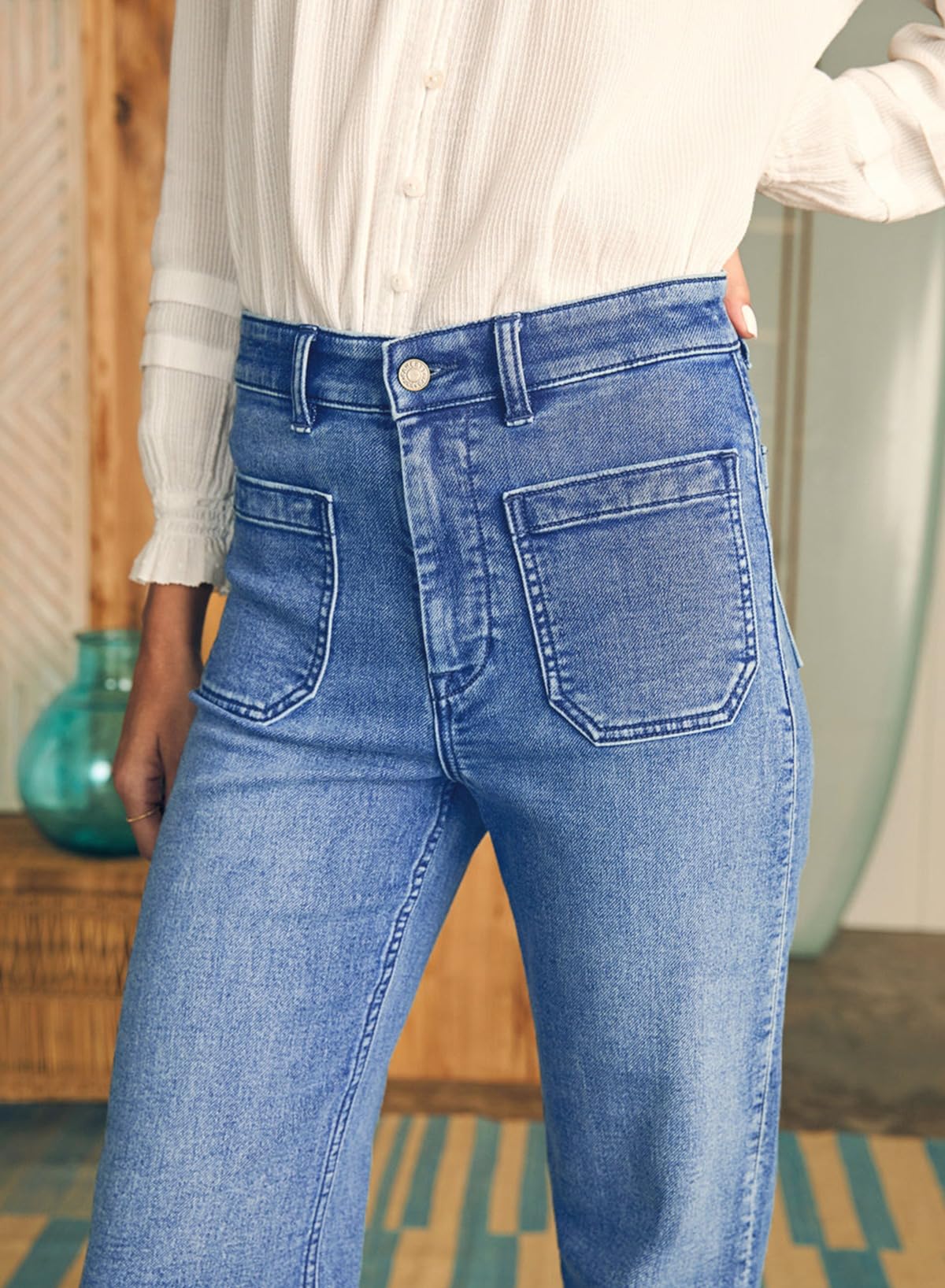 Astylish Women's Patch Pocket Jean Pants High Waist Button Bootcut Trousers Wide Leg Stretchy Vintage Denim Jeans with Front Pockets Size 6 Ashleigh Blue