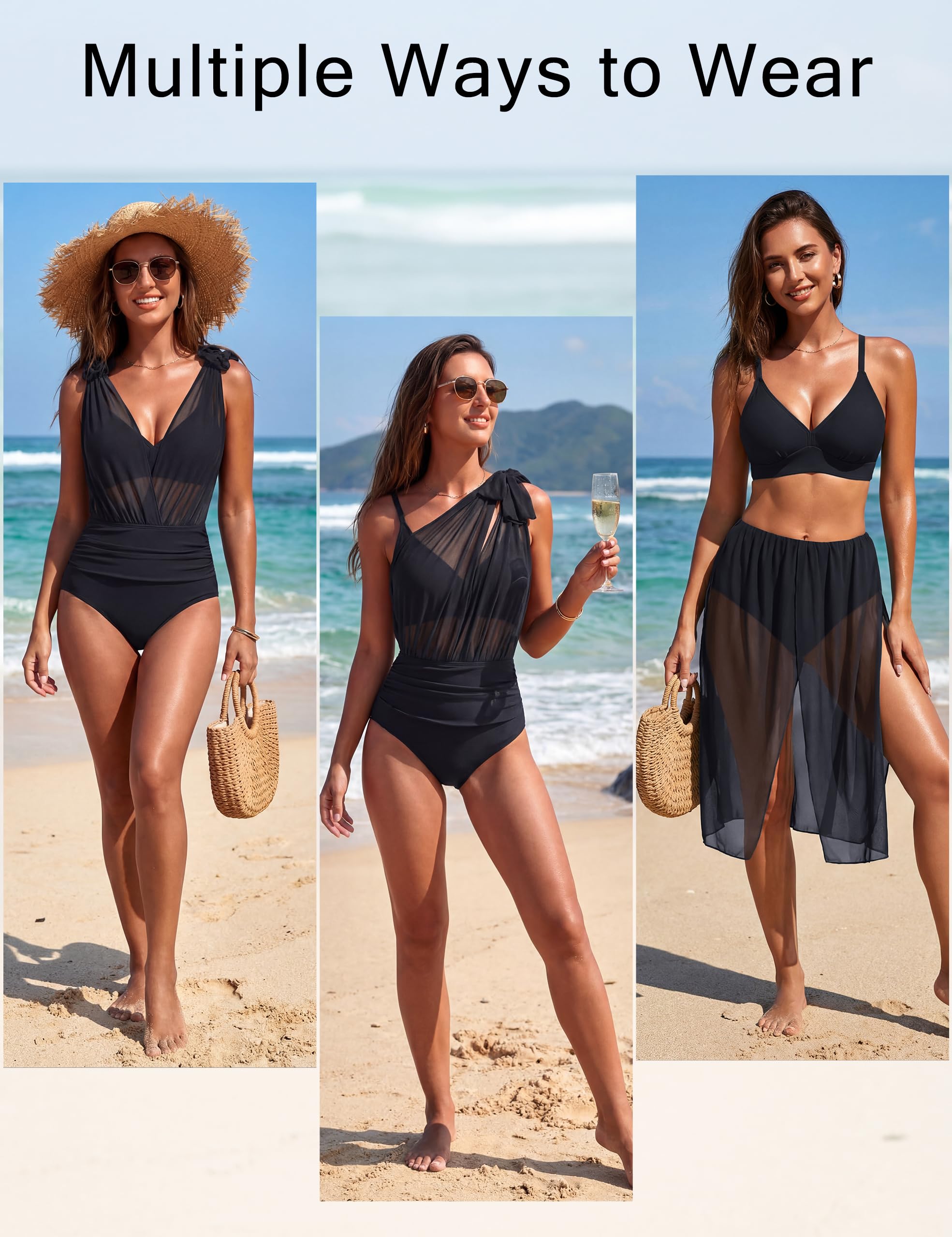 Blooming Jelly Womens High Waisted Bikini Sets Tummy Control Swimsuits Modest Two Piece Mesh Sheer Bathing Suit (Black,Medium)