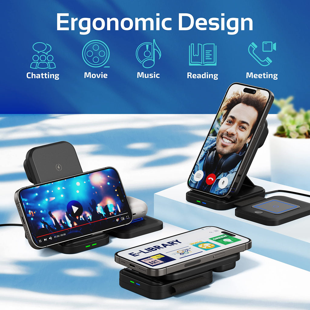 3 in 1 Wireless Charging Station for Multiple Apple Devices, iPhone 17 16 15 14 13 12 11 Pro Max XS XR X 8 Plus, Apple Watch 9 8 7 6 5 4 3 2 SE, AirPods 3 2 Pro, Fast Charger Foldable Dock Stand