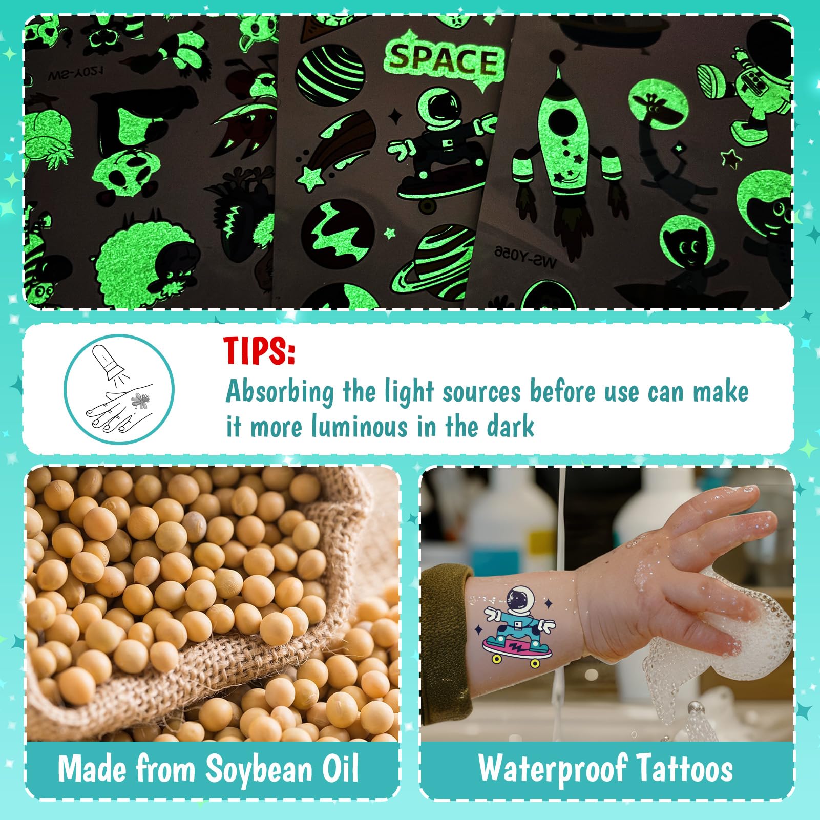 Partywind 380 Styles (30 Sheets) Luminous Tattoos for Kids, Mixed Styles Temporary Tattoos Stickers with Mermaid/Dinosaur/Space/Pirate for Boys and Girls, Glow Party Supplies