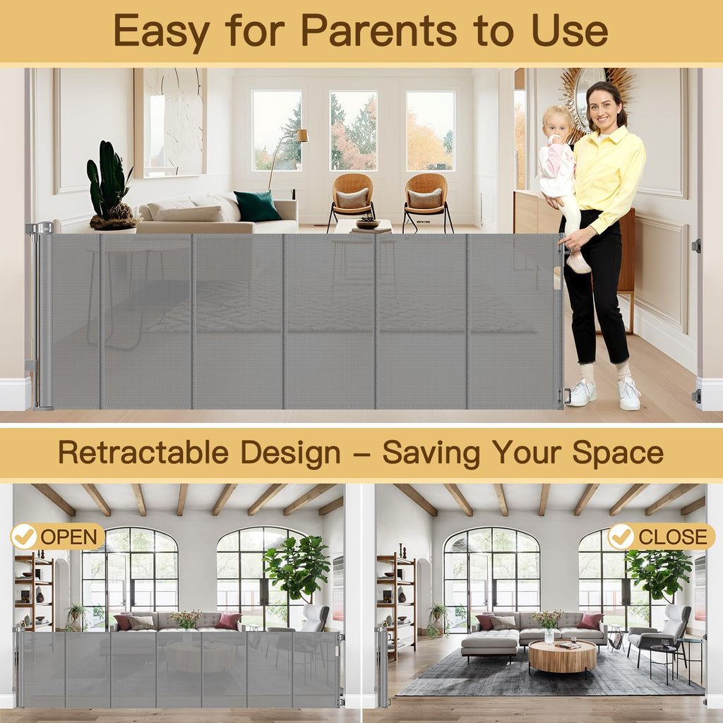Reinforced 100 Inch Extra Long Baby Gates for Large Openings to Prevent Crawling Under, No Bottom Bar Extra Wide Retractable Baby Gate for Stairs, 8 ft Mesh Child Gate for Parent/Pet Owner Use, Gray
