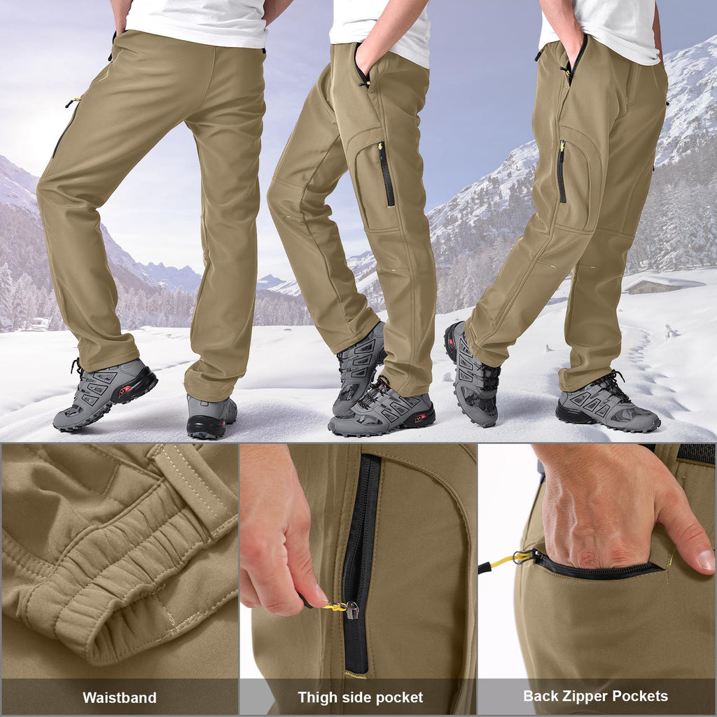 Toomett Men's Snow Pants Skiing Winter Insulated Soft Shell Outdoor Fleece Lined Hiking cargo Pants with Zipper Pockets,MH4409,Khaki,42