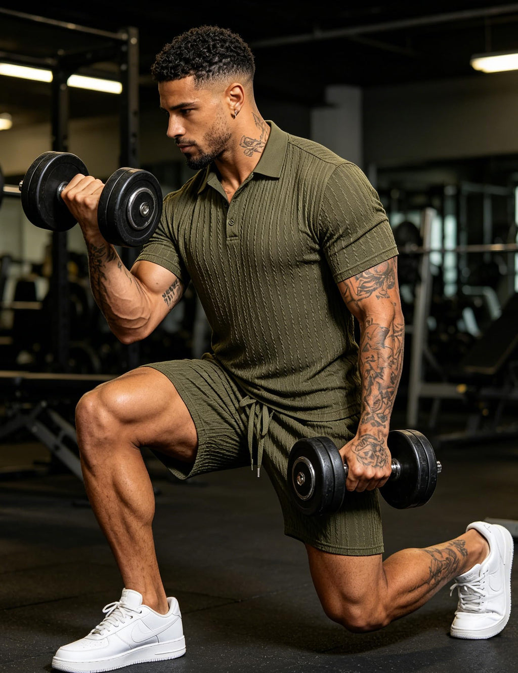 UOUA Mens Shorts Set Twisted Texture Polo Shirt & Shorts Casual 2 Piece Summer Outfits Short Sleeve Vacation Set Army-Green M