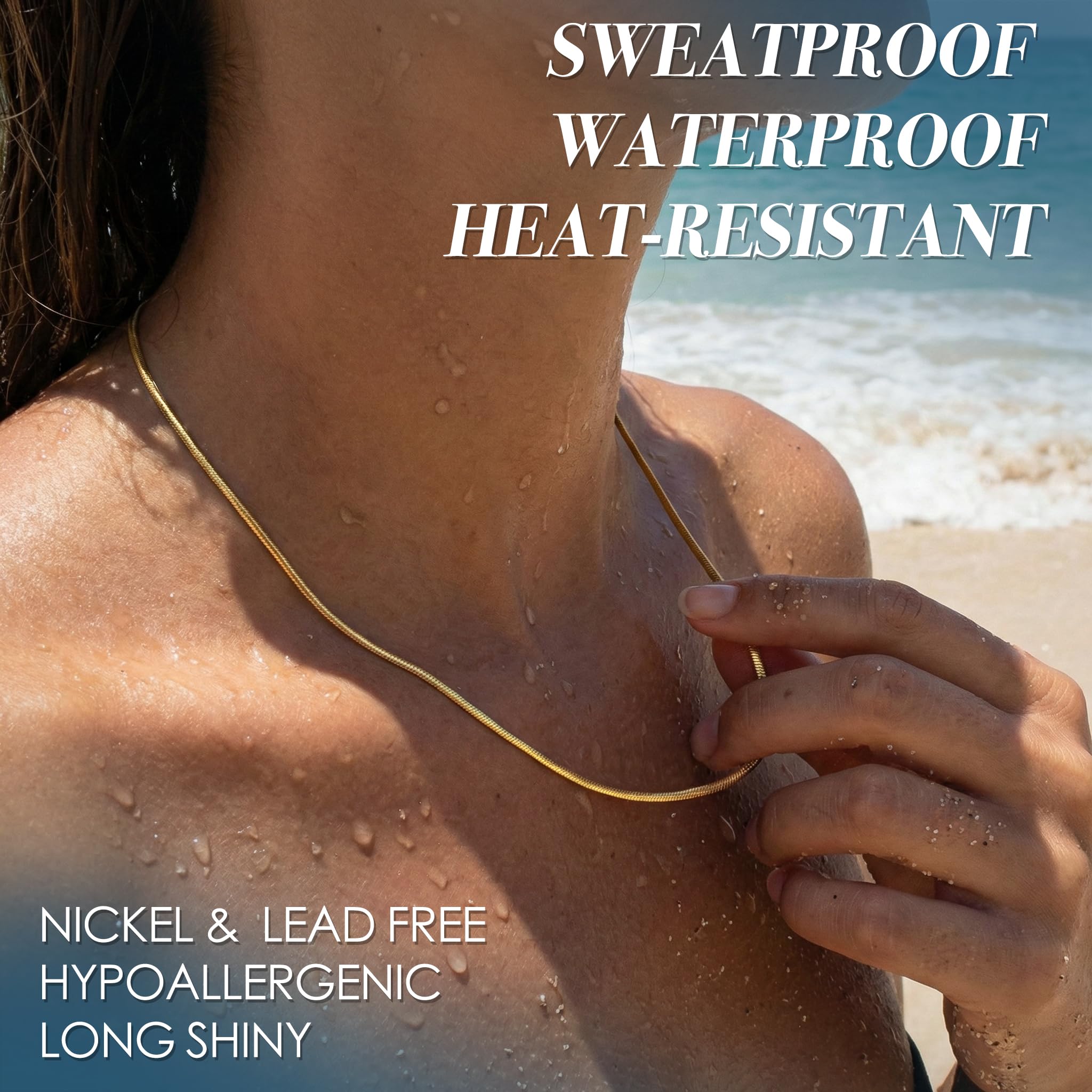 WomenGifts 14K Gold Plated Snake Chain Necklace for Women Men, 316L Stainless Steel Herringbone Flat Link Chain, Waterproof Non-Tarnish High Polished Jewelry, Minimalist Layering Choker for Gift