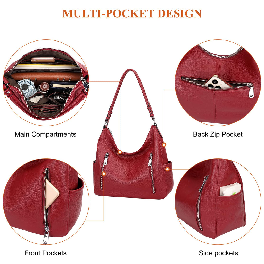 Over Earth Genuine Leather Purses for Women Medium Hobo Bag Lady Crossbody Handbags with 2 Detachable Straps(O150E UG Wine Red)