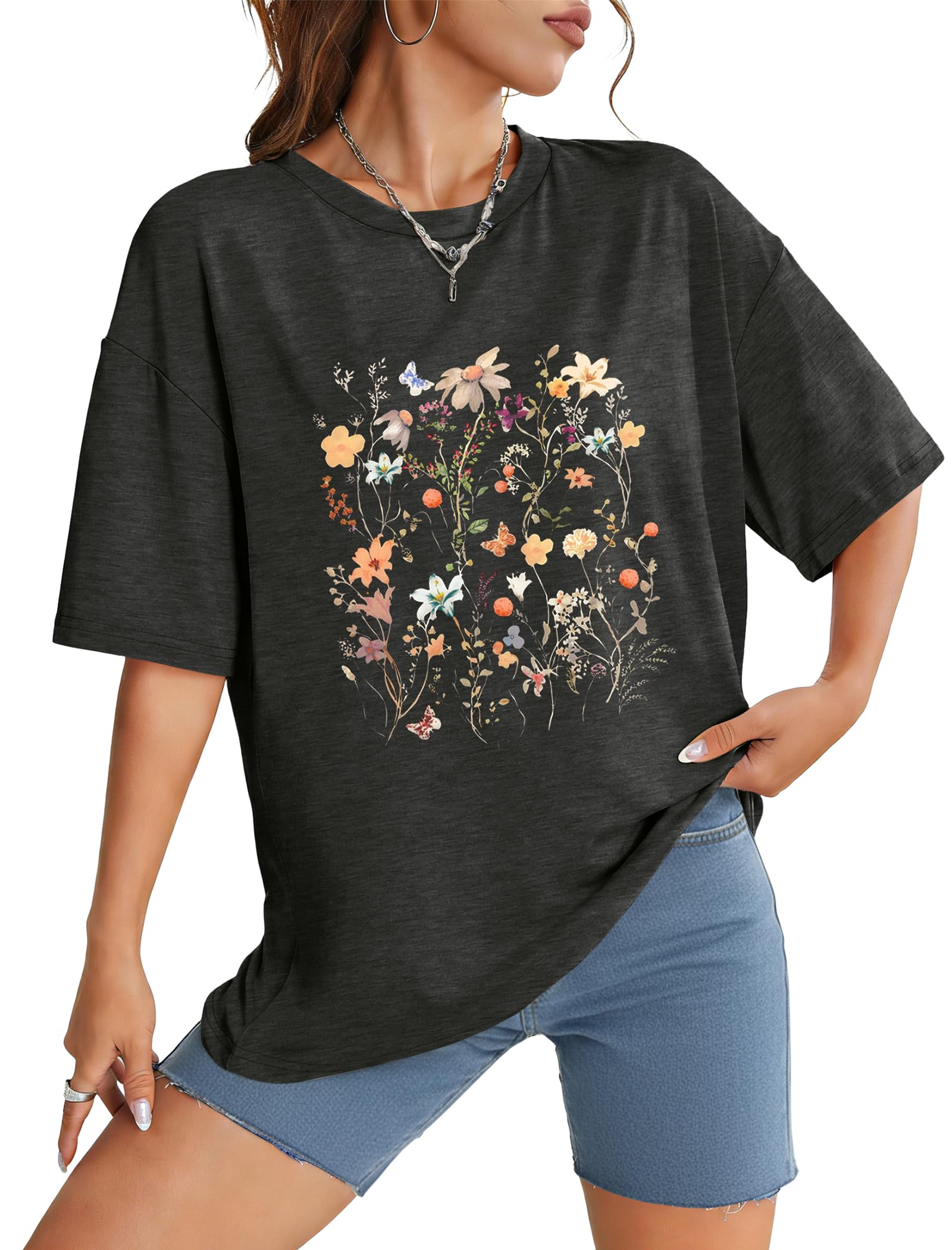 WIHOLL Oversized Tshirts for Women Graphic Tees Resort Wear Capsule Wardrobe 2026 Summer Spring Workout Short Sleeve Tops Travel Vacation Nashville Cruise Outfits Comfy Flower Print Shirts L