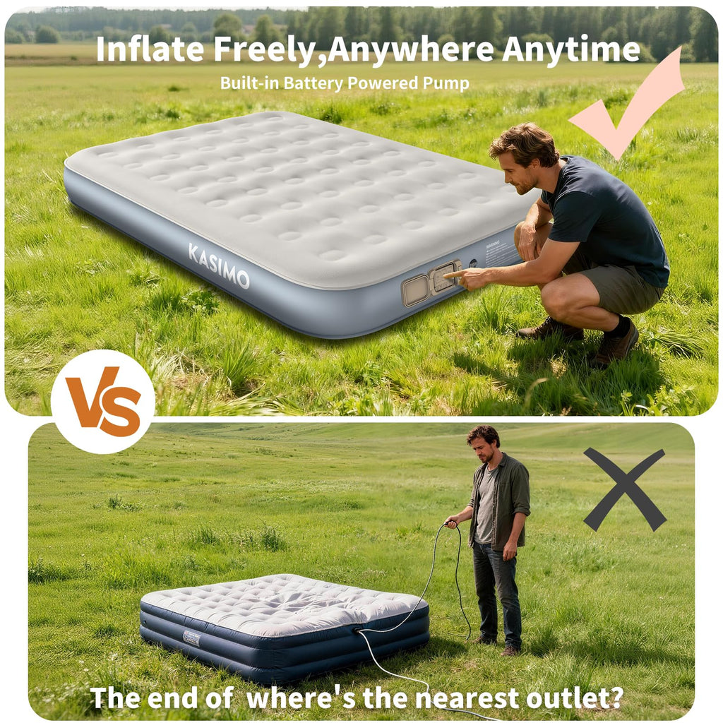 KASIMO Queen Air Mattress with Built-in Battery Powered Removable Pump, Blow Up Mattress Inflatable AirBed with Soft Suede Surface,Air Bed for Home Guests Camping