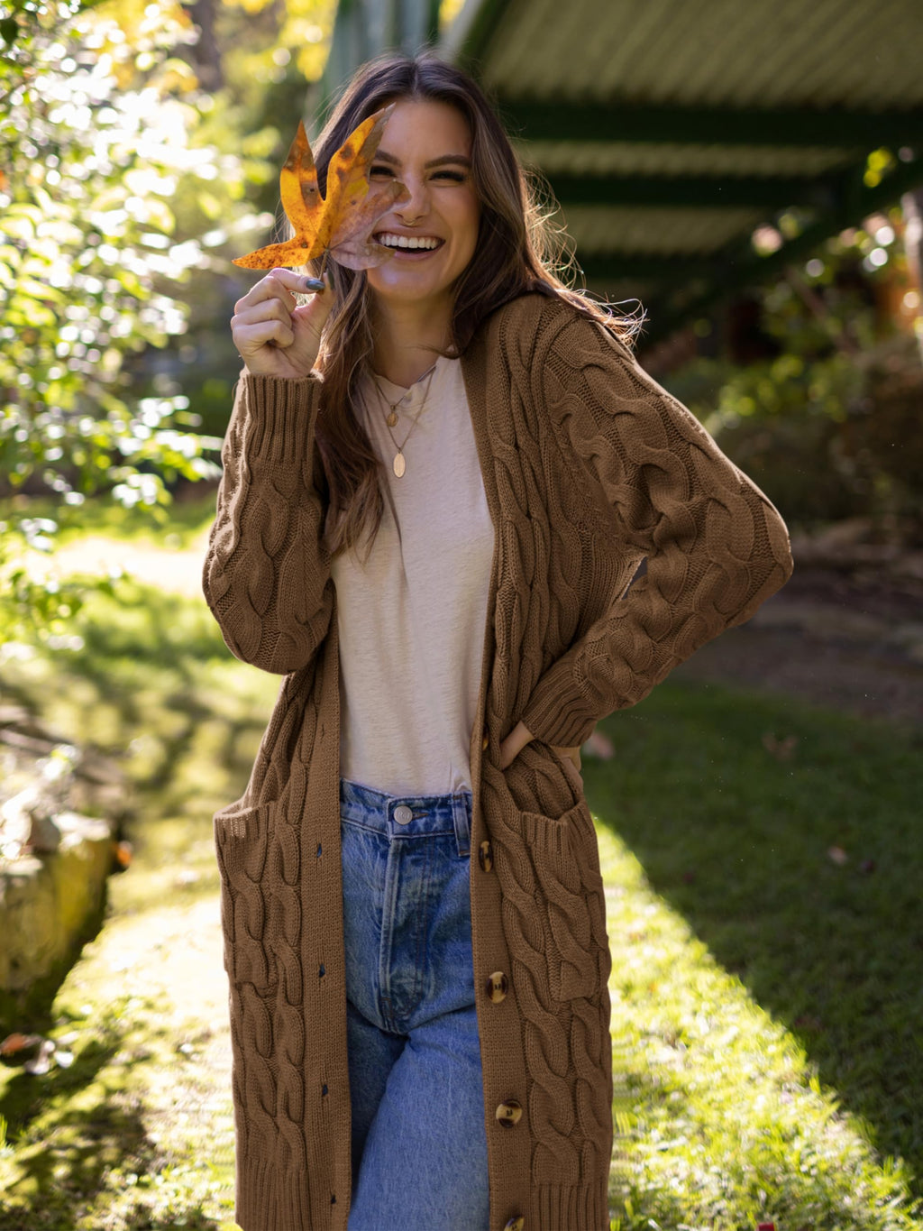 PRETTYGARDEN Long Sleeve Cable Knit Long Cardigan for Women 2026 Spring Winter Chunky Open Front Button Sweaters with Pockets(Coffee,Small)