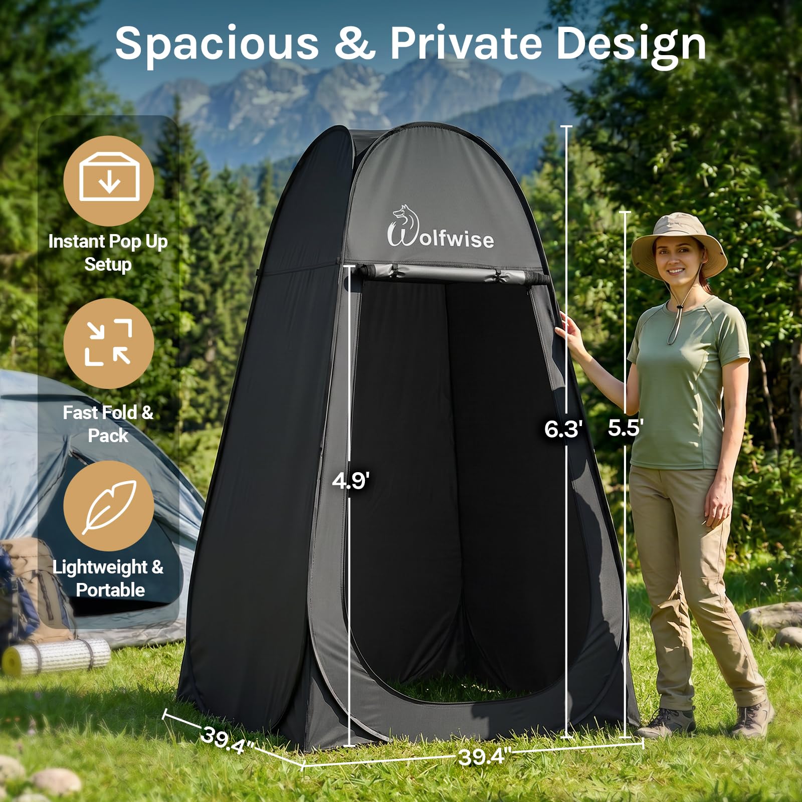 Wolfwise Pop Up Shower Tent for Camping Essentials, Portable Instant Changing Tent with Ventilation Window & Carry Bag, Privacy Dressing Room Bathroom Toilet for Beach & Outdoor, Standard, Black
