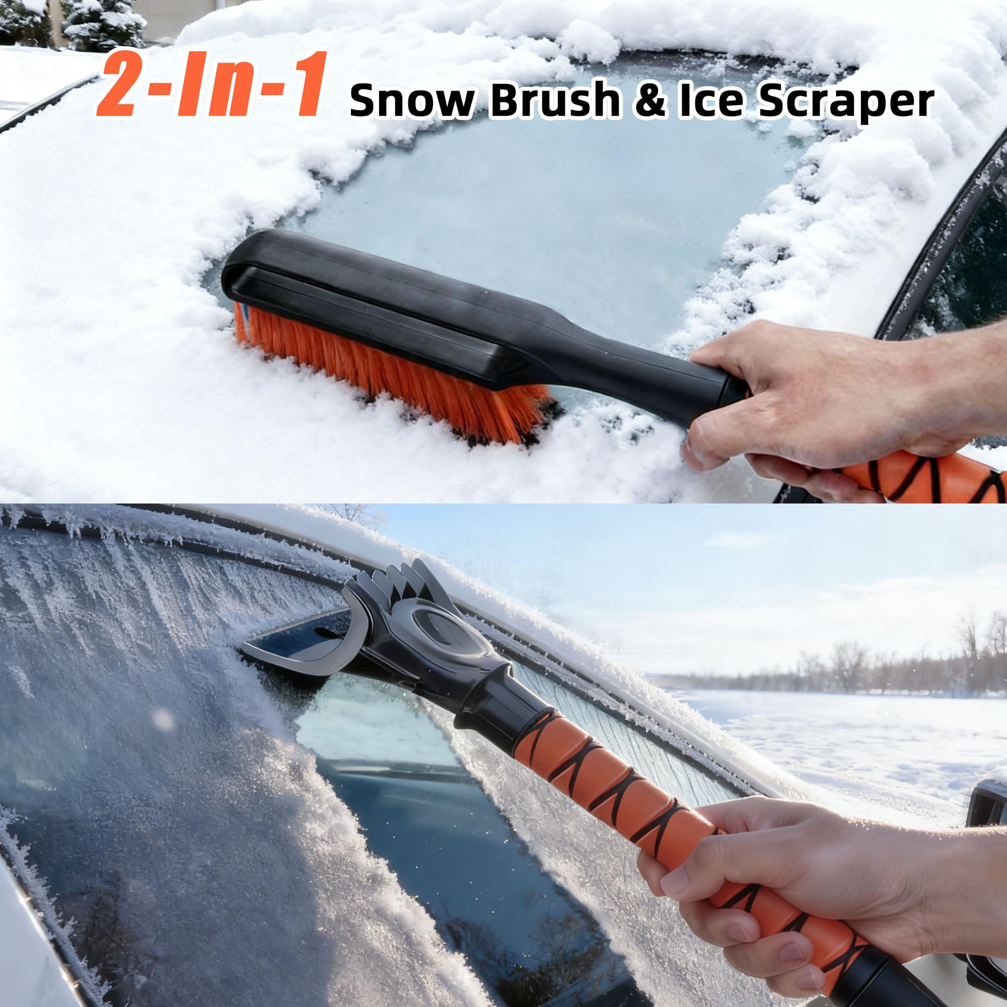 AMADAW 27" 2-in-1 Snow Brush and Ice Scrapers for Car Windshield [Military-Grade Rugged Durability] Removable for Easy Storage, Suitable for Sedans, SUVs and Trucks（Orange）