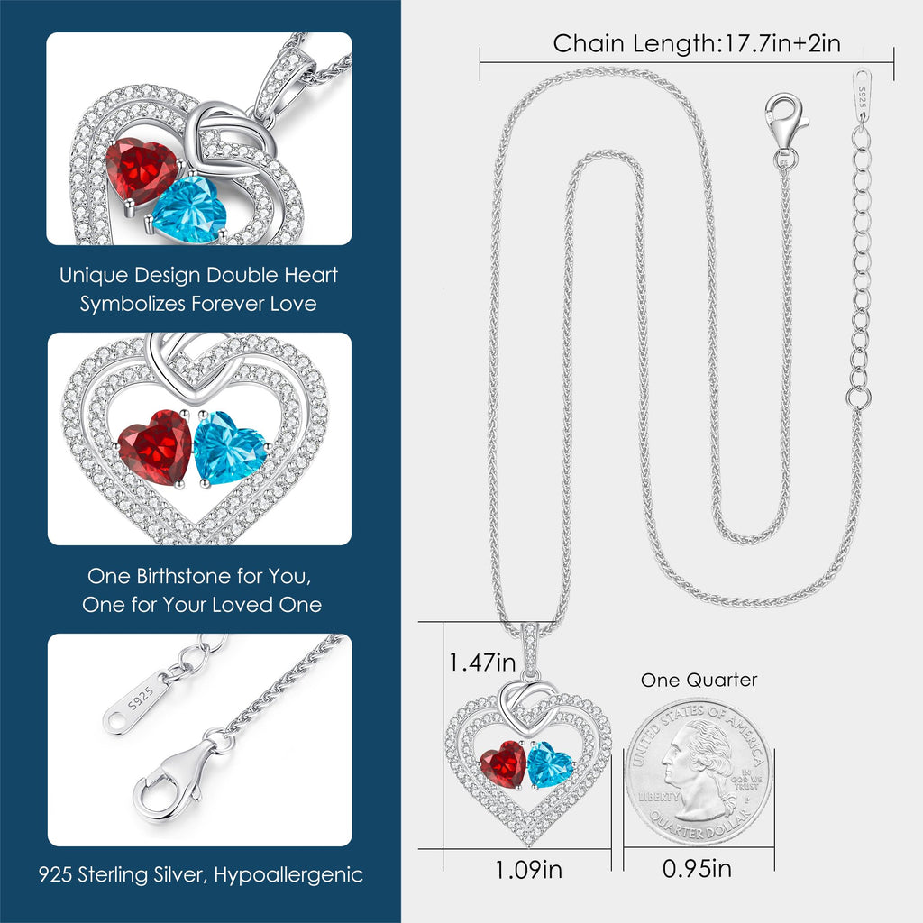 LOUISA SECRET Sparkling Double Heart Birthstone Necklace, 925 Sterling Silver, Adjustable 18in, for Women, Ideal Gift for Wife, Mom, Girlfriend