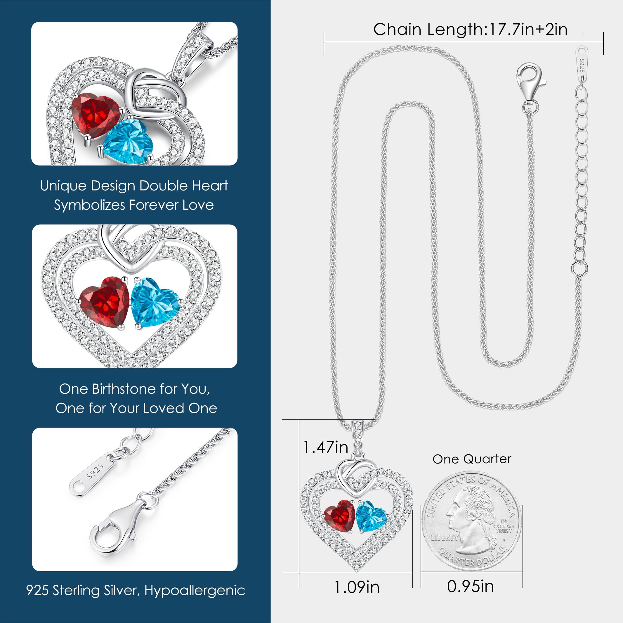 LOUISA SECRET Sparkling Double Heart Birthstone Necklace, 925 Sterling Silver, Adjustable 18in, for Women, Ideal Gift for Wife, Mom, Girlfriend