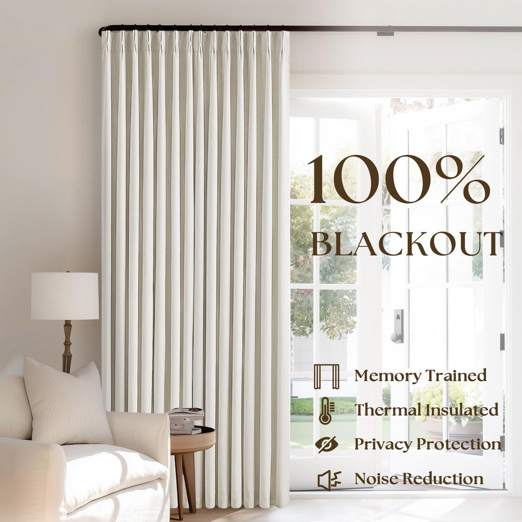 Natural Linen 100% Black Out Pinch Pleated Curtains 108 Inches Long 2 Panels Set for Bedroom Cream Back Tab Thermal Insulated Energy Efficient Blackout Curtains Living Room High Ceiling Length 9 Ft
