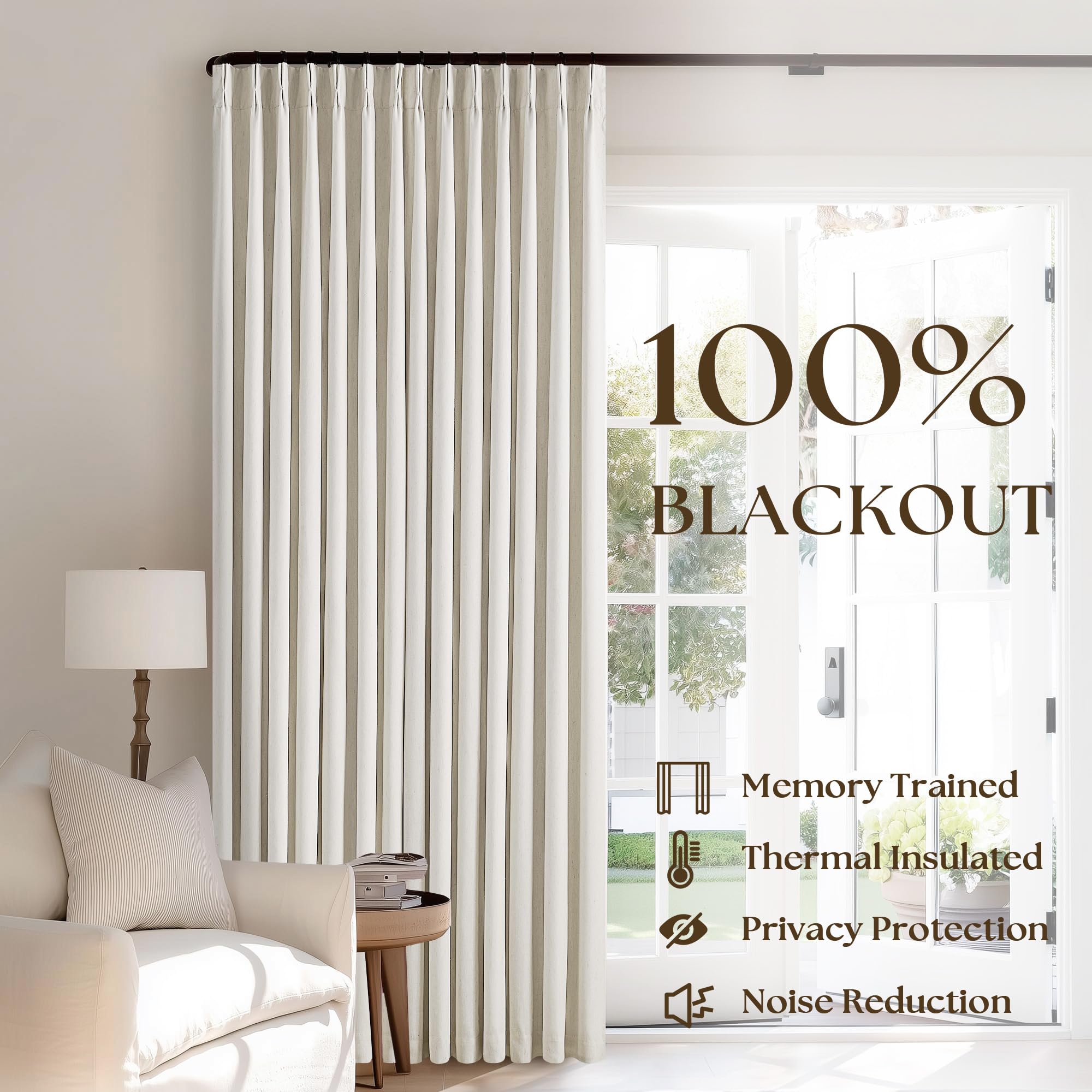 Natural Linen 100% Black Out Pinch Pleated Curtains 108 Inches Long 2 Panels Set for Bedroom Cream Back Tab Thermal Insulated Energy Efficient Blackout Curtains Living Room High Ceiling Length 9 Ft