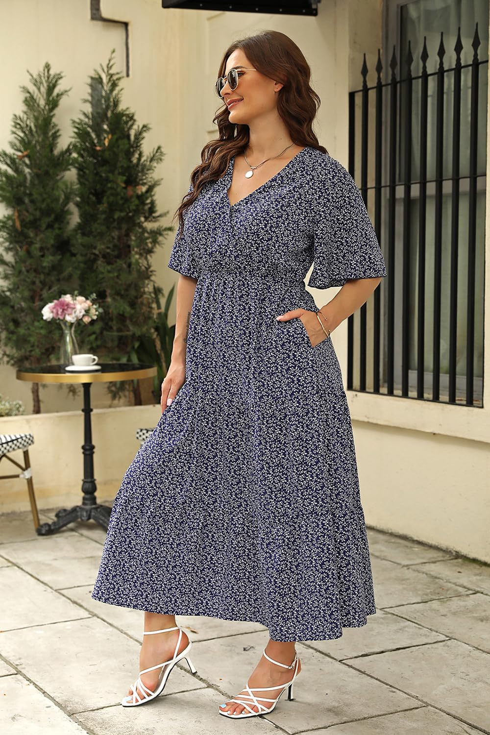 Keluummi Plus Size Maxi Dress for Women V-Neck Floral Empire Waist 3/4 Sleeve with Pockets(20 Plus, 01 - Navy Blue Floral)